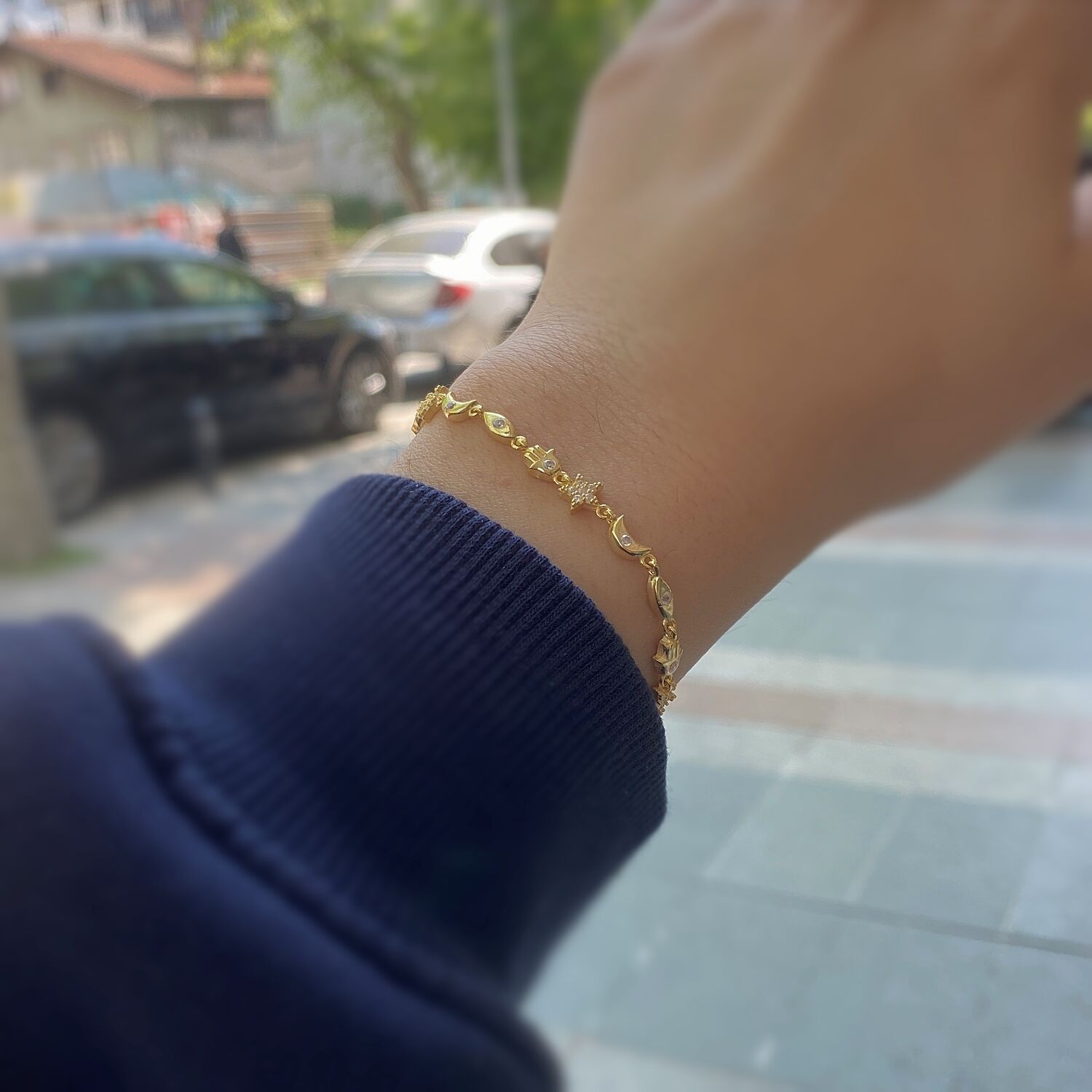 Gümüş ay göz yıldız ve el model taşlı bileklik cm46e42d9
