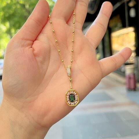 Gümüş seranay yeşil taşlı toplu zincirli kolye