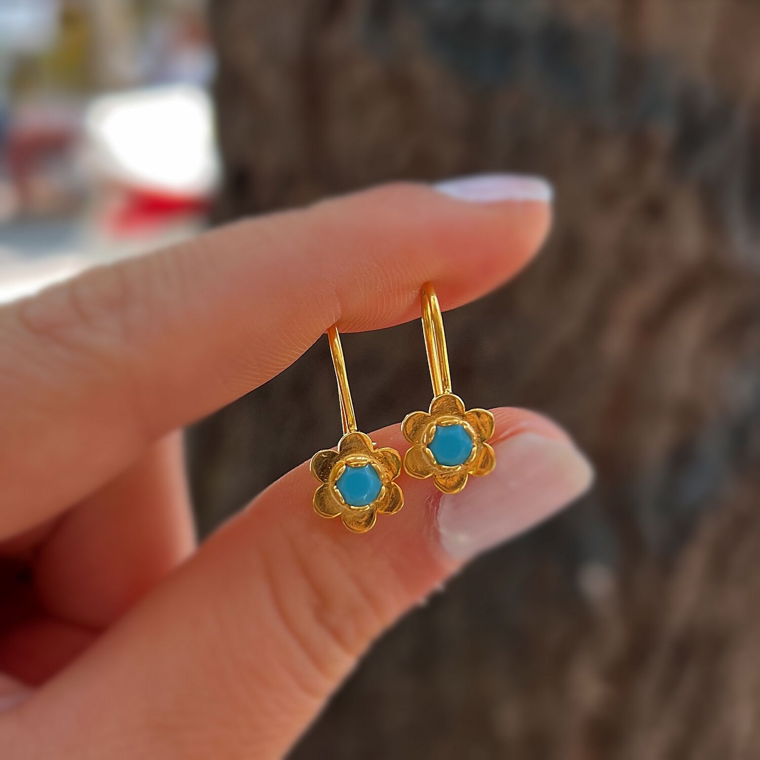 Gümüş mavi taşlı çiçek model çocuk küpe
