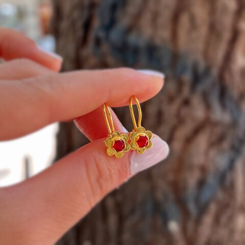 Gümüş Kırmızı taşlı çiçek model Çocuk küpe