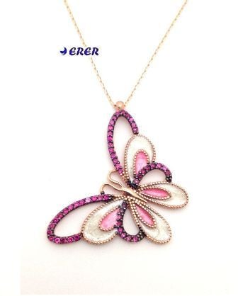 Mineli rose kelebek gümüş kolye