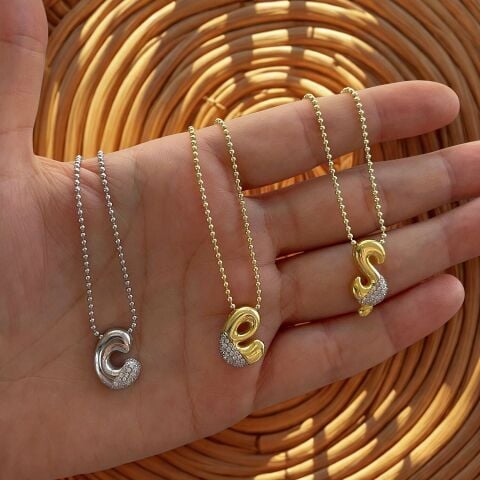 Gümüş yeni model bombeli harf kolye