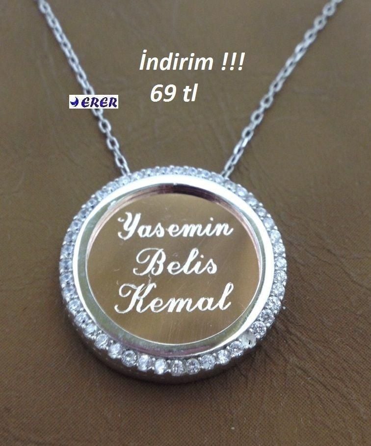 İsimli taşlı gümüş plaka kolye