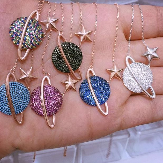 Gümüş Gezegen kolye ys140 Mavi Taşlı