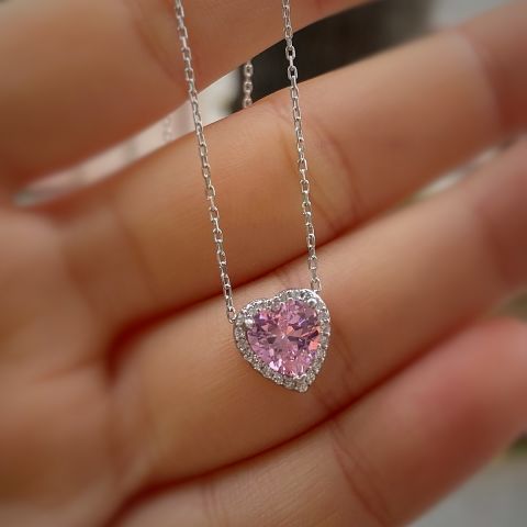 Gümüş pembe taşlı kalpli kolye ah125e12