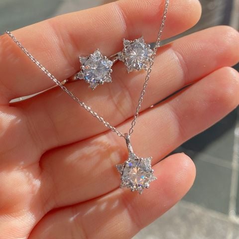 Gümüş lotus çiçeği kolye küpe set 22s122