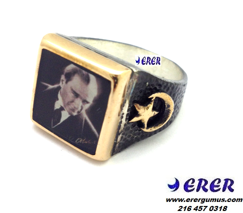Atatürk portreli kare gümüş yüzük