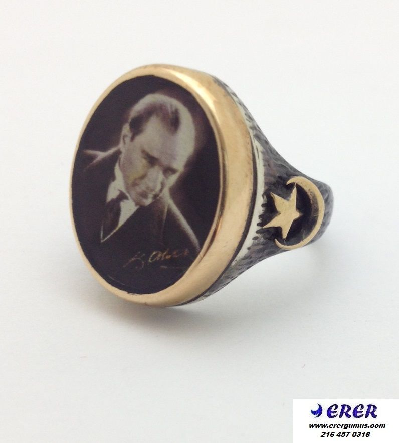 Atatürk portreli oval gümüş yüzük