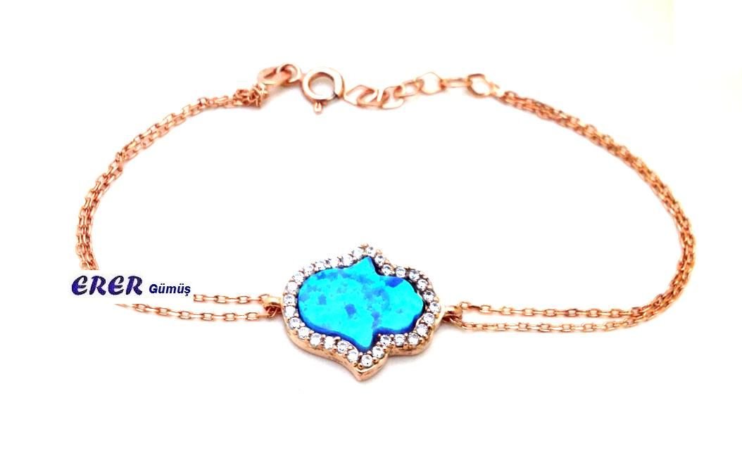 Gümüş Opal Taşlı Rose Bereket Eli Bileklik