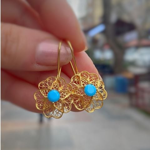 Gümüş Telkari mavi taşlı gül anne küpesi tk23e238