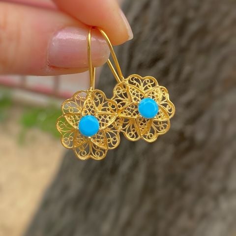 Gümüş Telkari mavi taşlı gül anne küpesi tk23e238