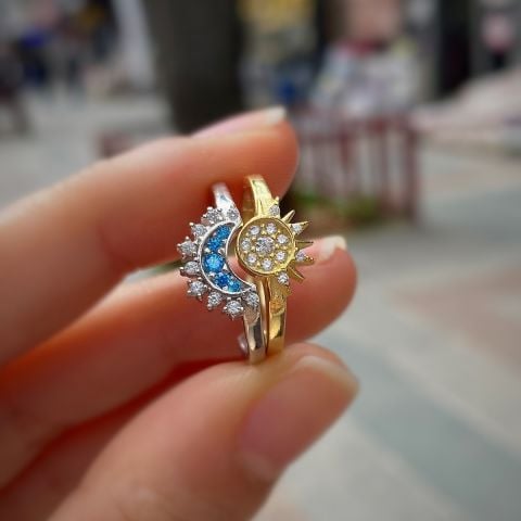 Gümüş ay ve güneş yüzük kombini hr562r31