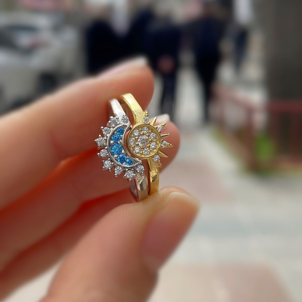 Gümüş ay ve güneş yüzük kombini hr562r31