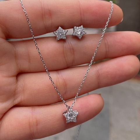 Gümüş yıldız model küpe ve kolye ucu is12e14