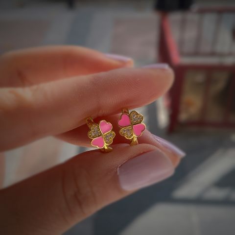 Gümüş pembe mineli yonca çocuk küpesi