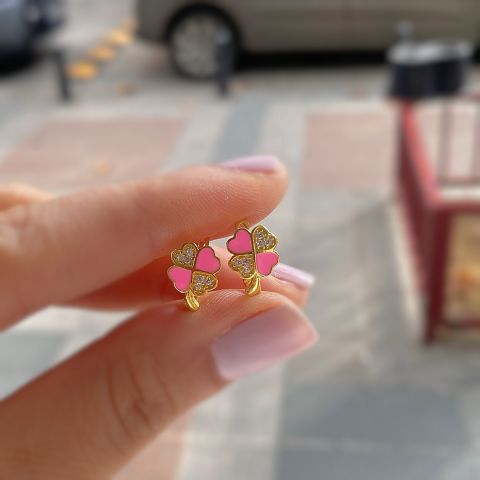 Gümüş pembe mineli yonca çocuk küpesi
