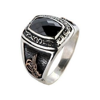 Tuğra siyah taşlı gümüş  erkek yüzüğü