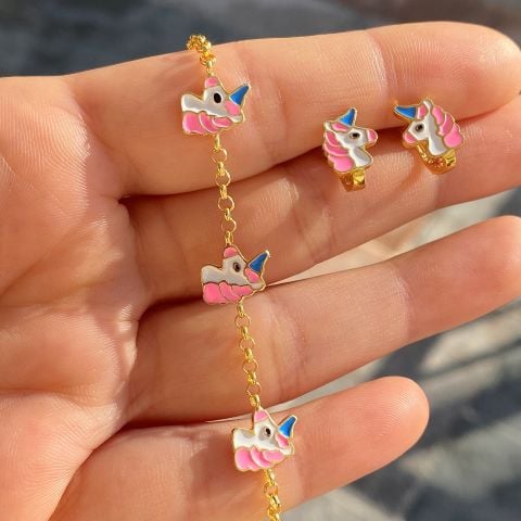 Gümüş unicorn çocuk küpe bileklik takım