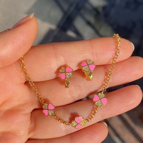 Gümüş pembe çocuk yonca küpe bileklik takım