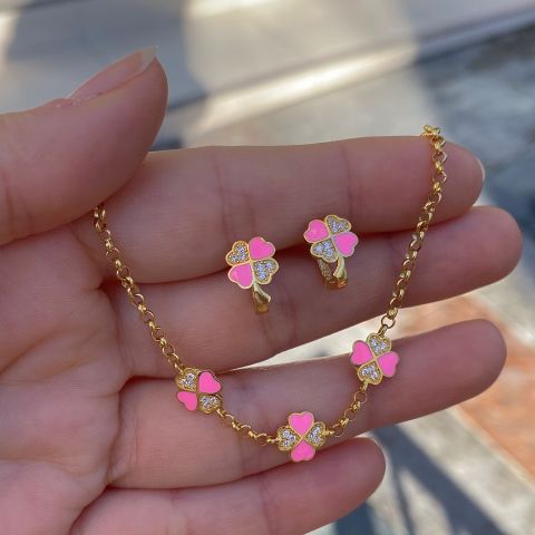Gümüş pembe çocuk yonca küpe bileklik takım