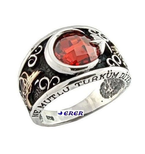 Ay yıldızlı kırmızı taşlı gümüş erkek yüzüğü