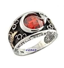 Ay yıldızlı kırmızı taşlı gümüş erkek yüzüğü