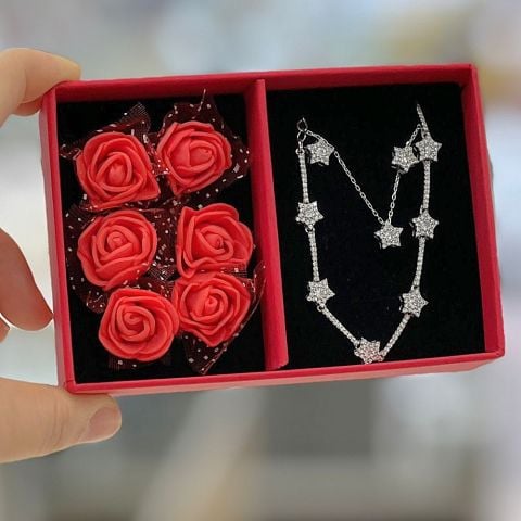 Gümüş özel kutusunda yıldız model küpe kolye bileklik set