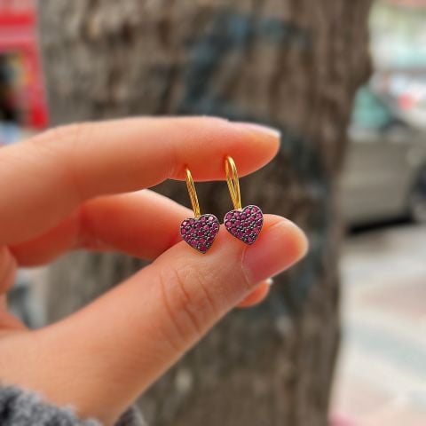 Gümüş pembe taşlı kalpli çocuk küpesi is12s1