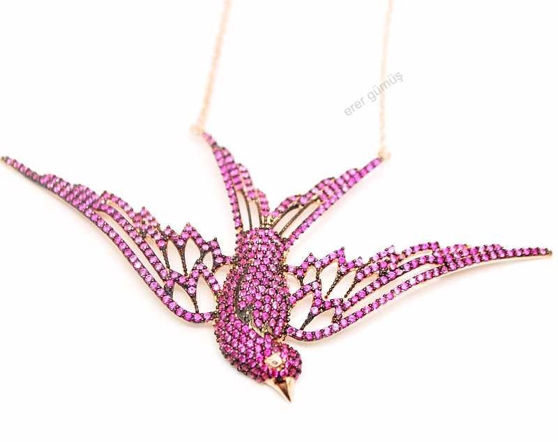 Büyük boy Kuş model pembe taşlı gümüş kolye