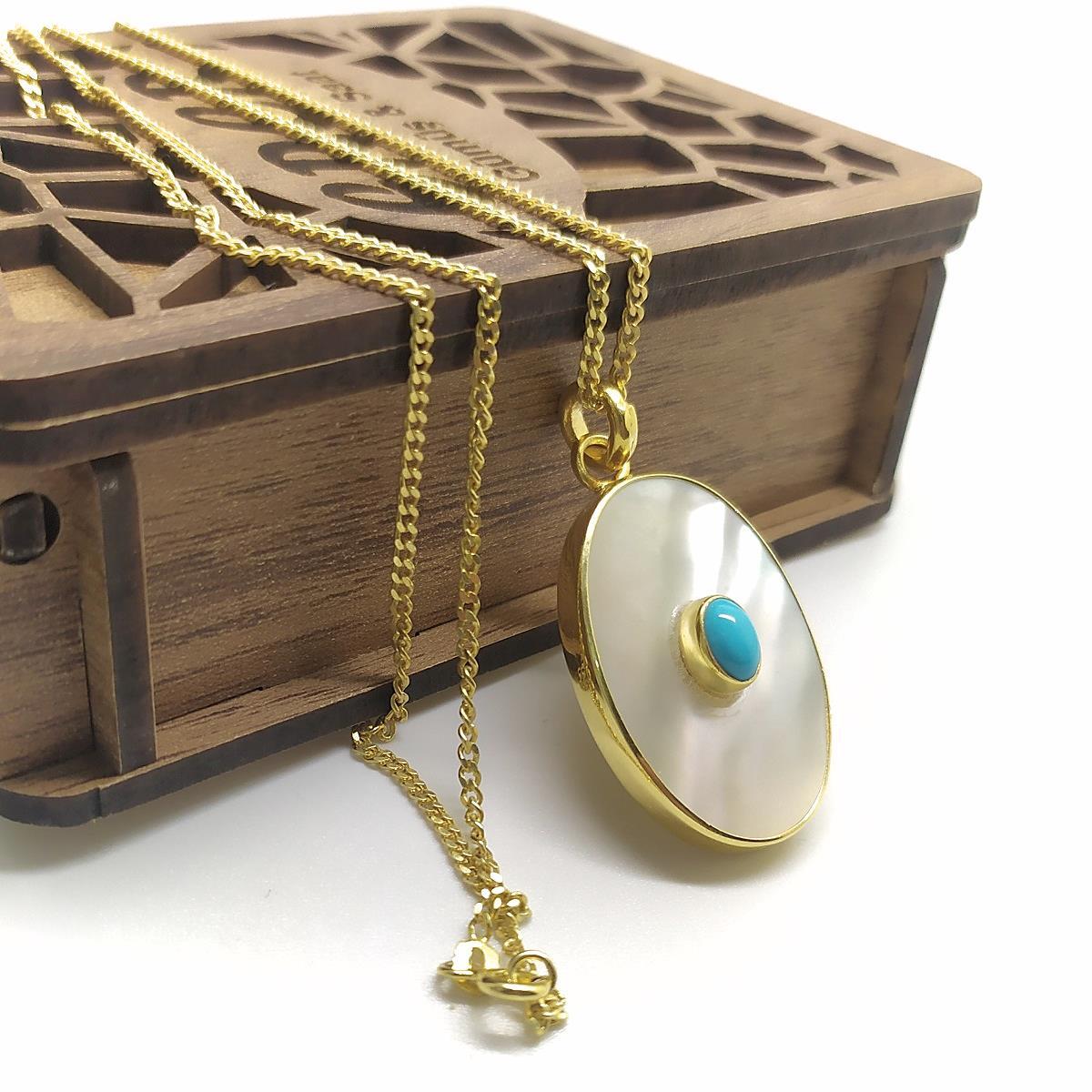 Gümüş el işi sedef ve firuze taşlı bayan kolye