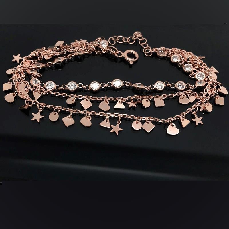 Gümüş 3 zincirli taşlı pullu bileklik cm46b2