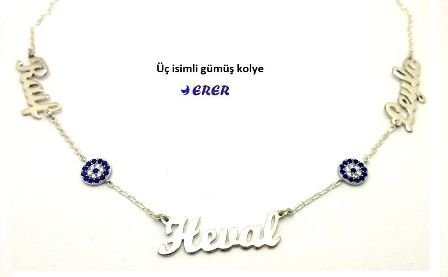 3 isimli nazar boncuklu gümüş kolye