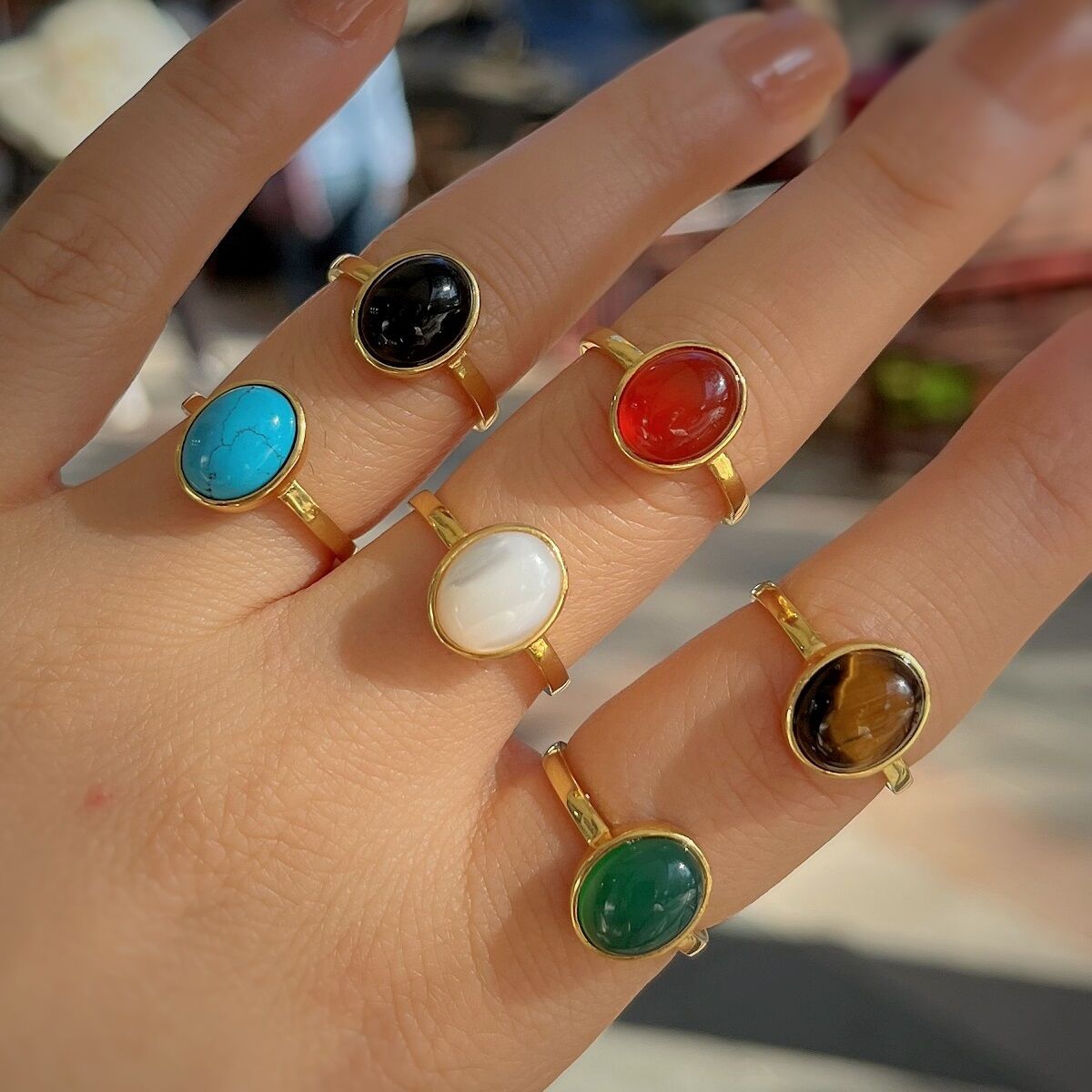 Gümüş 10x8 mm a doğal taşlı altın kaplama yüzük