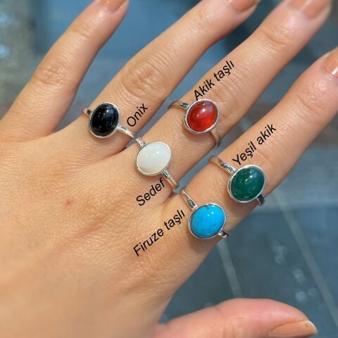 Gümüş 10x8 mm doğal taşlı yüzük