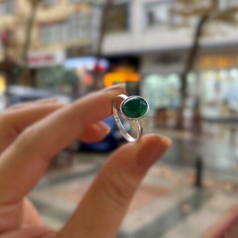 Gümüş 10x8 mm doğal taşlı yüzük