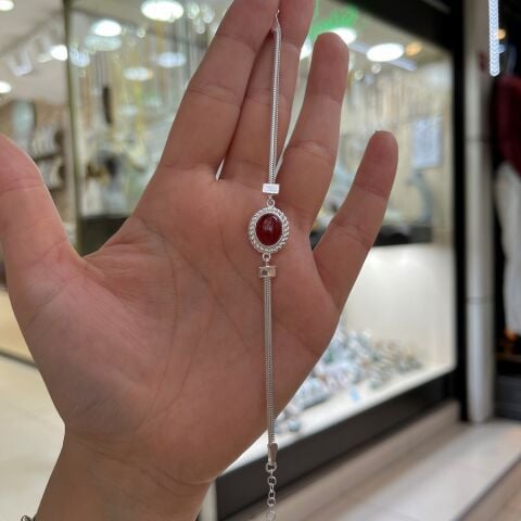 Gümüş akik taşlı yassı zincirli bileklik