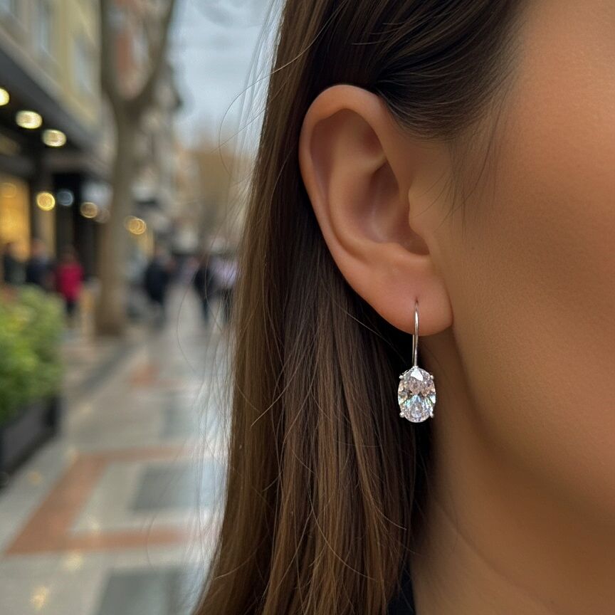 Gümüş oval 12x8 mm 4,5 carat sallantılı tektaş küpe