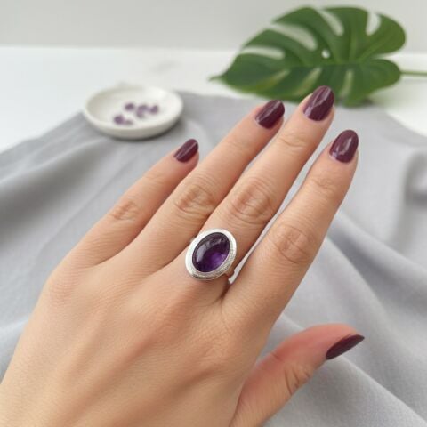 Gümüş doğal ametist taşlı yüzük