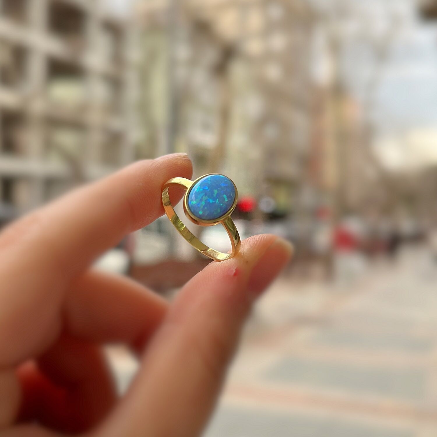 Gümüş mavi opal taşlı altın kaplama yüzük