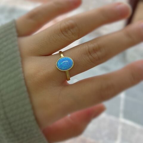 Gümüş mavi opal taşlı altın kaplama yüzük