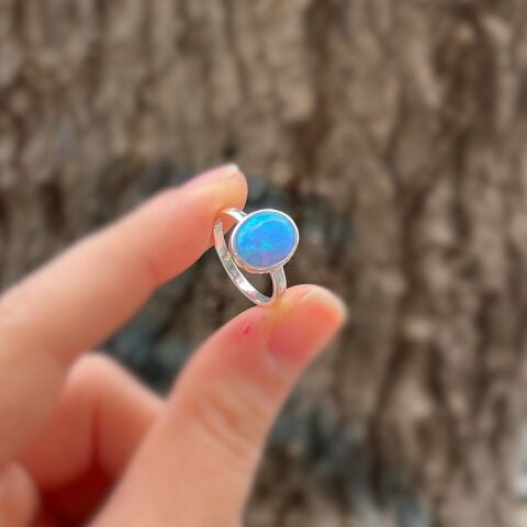 Gümüş mavi opal taşlı altın kaplama yüzük