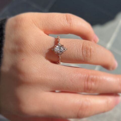925 Ayar Gümüş Rose Gold  Oval Kesim Zirkon Taşlı Vintage Tasarım Kadın Yüzük