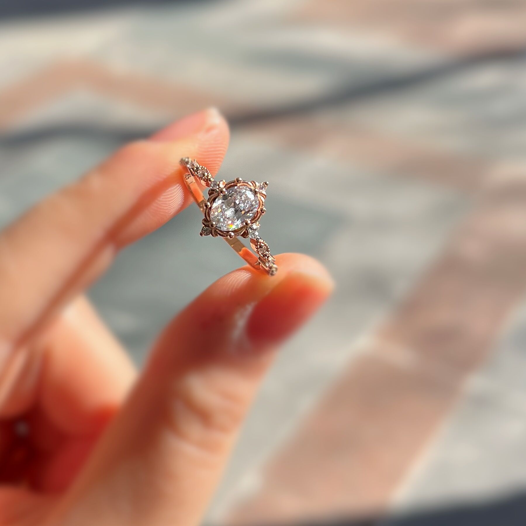 925 Ayar Gümüş Rose Gold  Oval Kesim Zirkon Taşlı Vintage Tasarım Kadın Yüzük