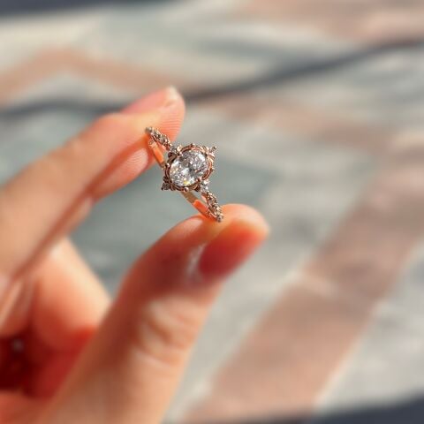 925 Ayar Gümüş Rose Gold  Oval Kesim Zirkon Taşlı Vintage Tasarım Kadın Yüzük