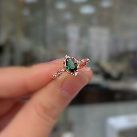 925 Ayar Gümüş Rose Gold Oval Kesim yeşil Taşlı Vintage Tasarım Kadın Yüzük