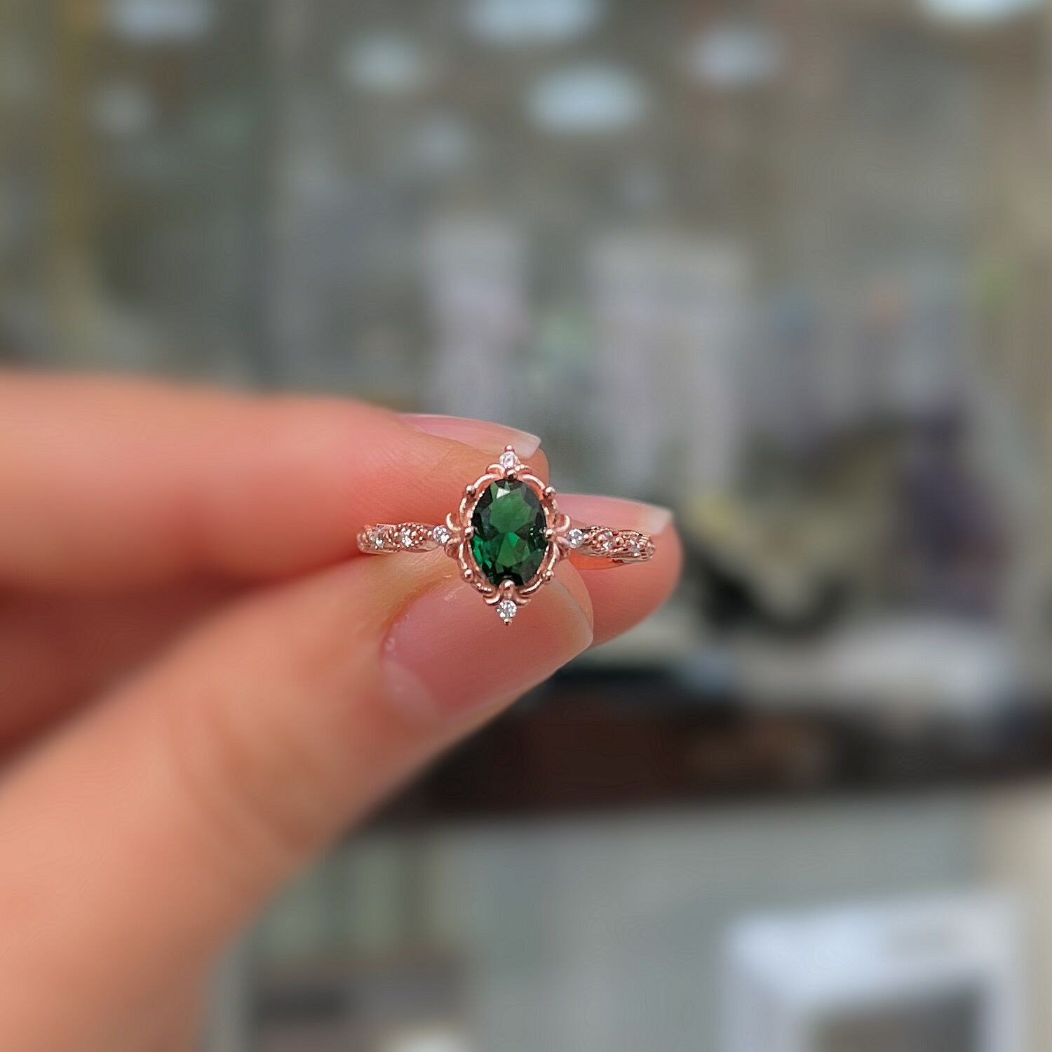 925 Ayar Gümüş Rose Gold Oval Kesim yeşil Taşlı Vintage Tasarım Kadın Yüzük