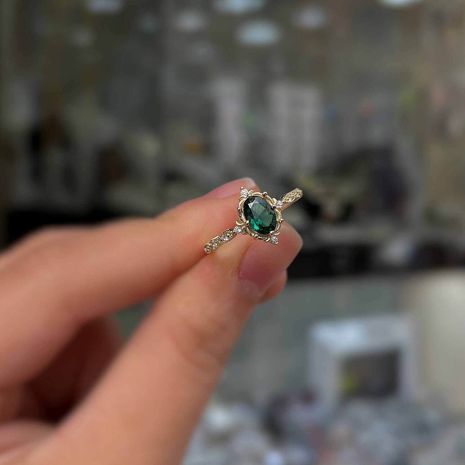 925 Ayar Gümüş Oval  yeşil Taşlı Vintage altın kaplama Yüzük