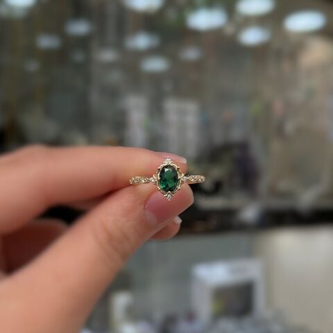 925 Ayar Gümüş Oval  yeşil Taşlı Vintage altın kaplama Yüzük