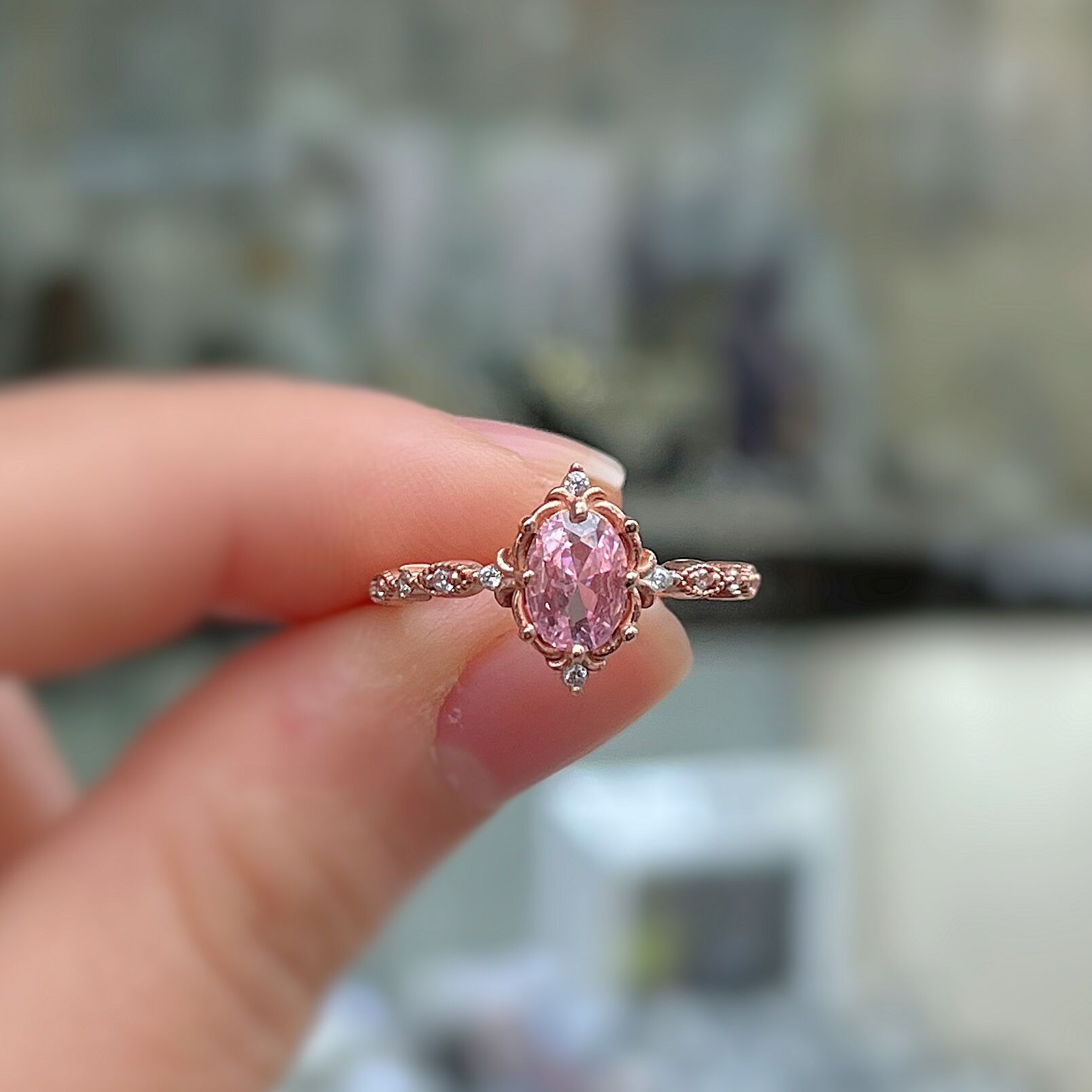 925 Ayar Gümüş Oval Pembe Taşlı Vintage Tasarım Kadın Yüzük