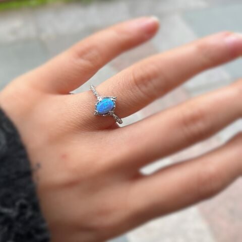 925 Ayar Gümüş Oval mavi Opal Taşlı Vintage Yüzük